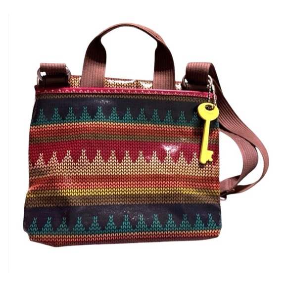 Fossil Key Per Coated Canvas Leather Trim Crossbody Messenger Bag Key charm - Picture 10 of 16